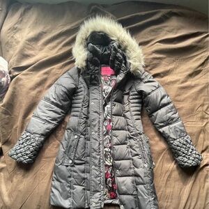 Betsey Johnson Gray Puffer Coat with Faux Fur Hood